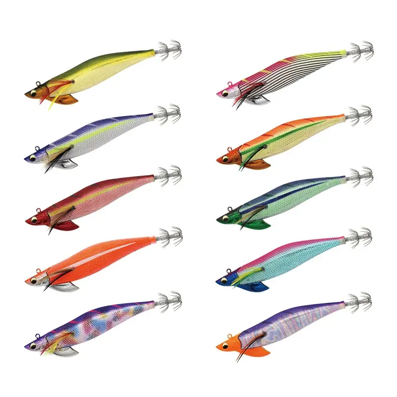 Metallic cloth covered EGI squid jig collection with 3D bionic eyes, side diving fins and stainless steel crown hooks