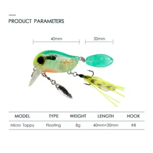 Micro Tappy floating crankbait specification diagram, 8g weight, total length 60mm, #8 hook