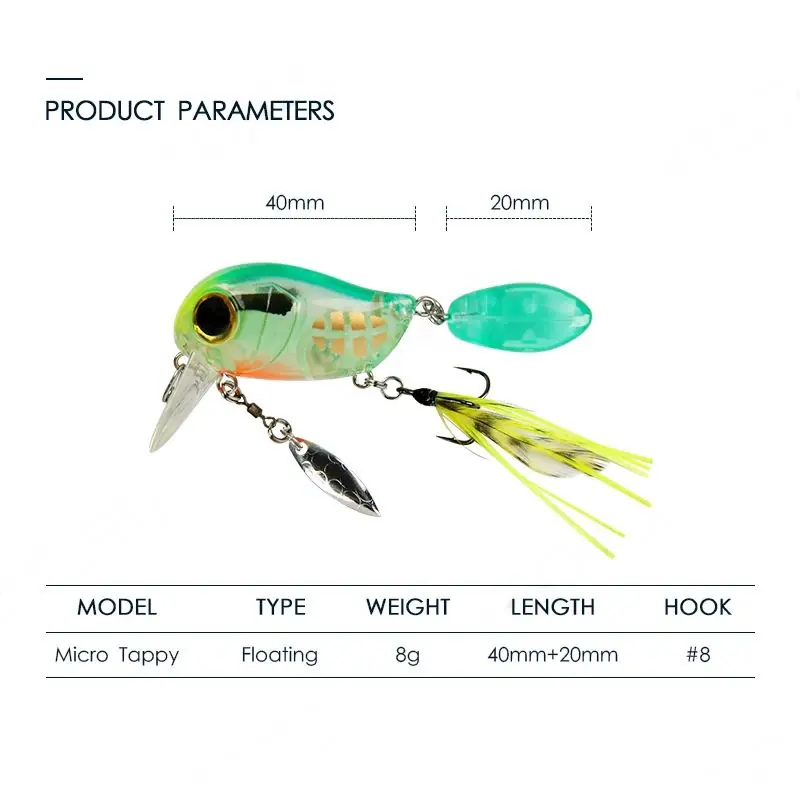 Micro Tappy floating crankbait specification diagram, 8g weight, total length 60mm, #8 hook