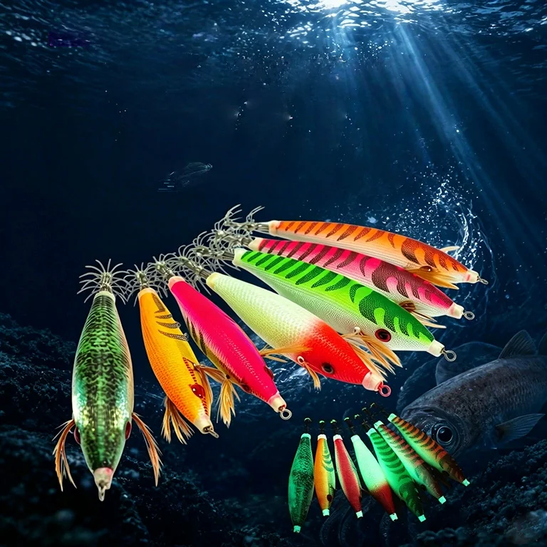 Multi color scale pattern EGI squid jig set, woven cloth body, 3D eye, feather gill and stainless steel crown hooks for saltwater fishing