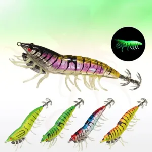 Multi color EGI squid jig with soft silicone shrimp legs, glow and UV effect, metal diving plate and stainless steel crown hooks