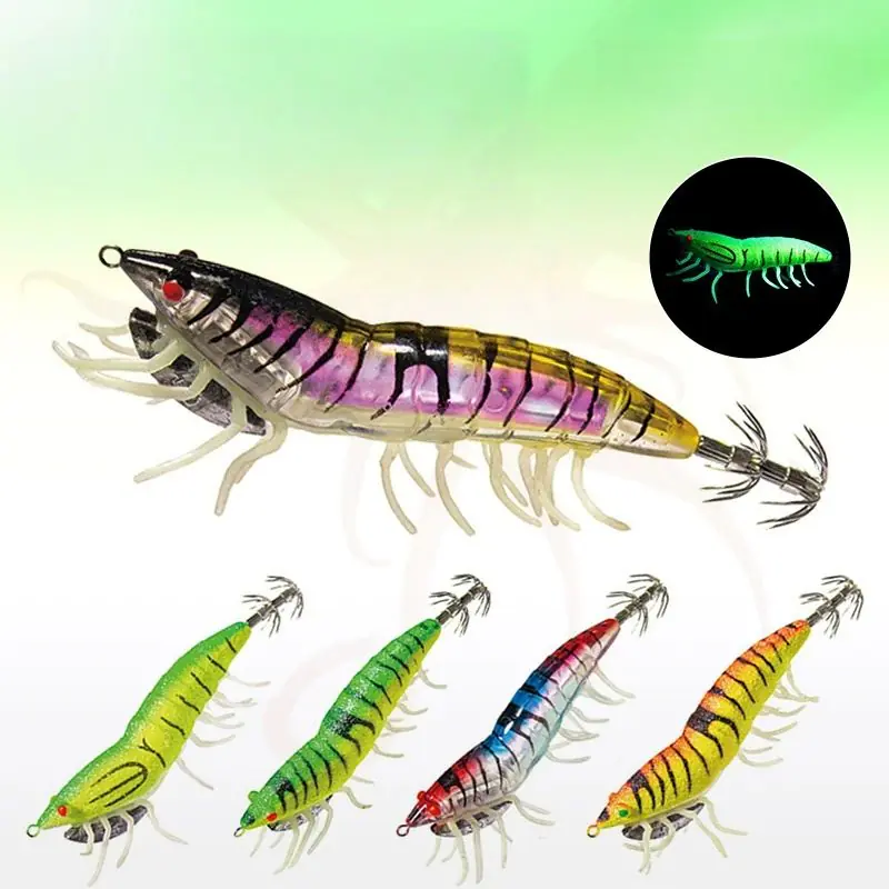 Multi color EGI squid jig with soft silicone shrimp legs, glow and UV effect, metal diving plate and stainless steel crown hooks