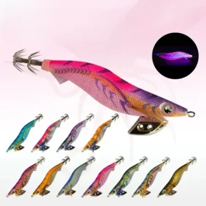 Multi color cloth EGI squid jig set with weighted metal wing, UV glow effect and stainless steel crown hooks