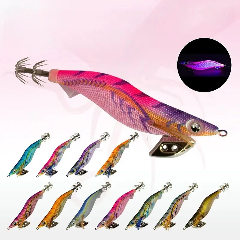 Multi color cloth EGI squid jig set with weighted metal wing, UV glow effect and stainless steel crown hooks