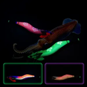 Night glow effect of cloth covered EGI squid jig, luminous woven body for dark water squid fishing