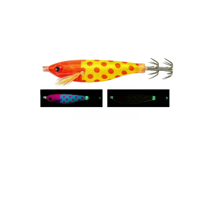 orange-head-yellow-red-dot-pattern-egi-squid-jig.jpg Orange head yellow body red dot pattern cloth wrapped egi squid jig with UV and glow effect