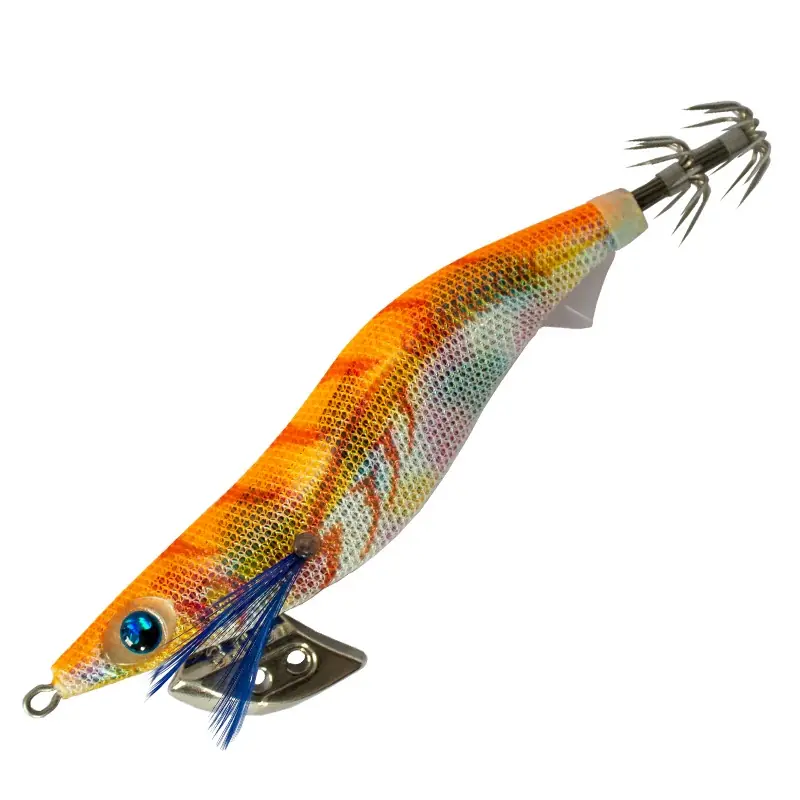 orange-iridescent-cloth-egi-squid-jig-single.jpg Orange iridescent cloth EGI squid jig with metal weight, 3D eye and squid crown hooks for saltwater fishing