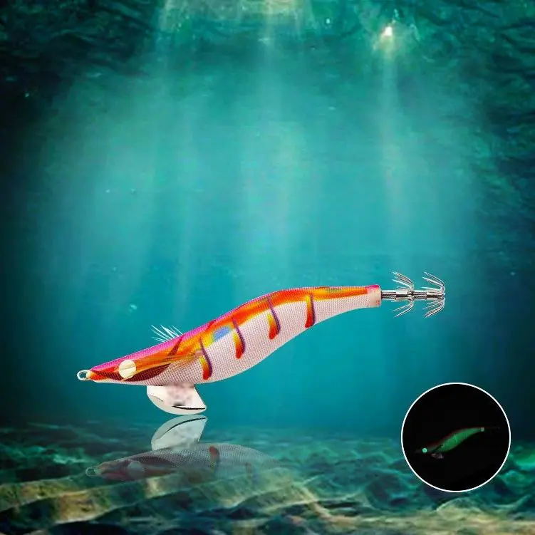Orange red stripe cloth EGI squid jig with weighted metal wing, UV glow effect and stainless steel crown hooks