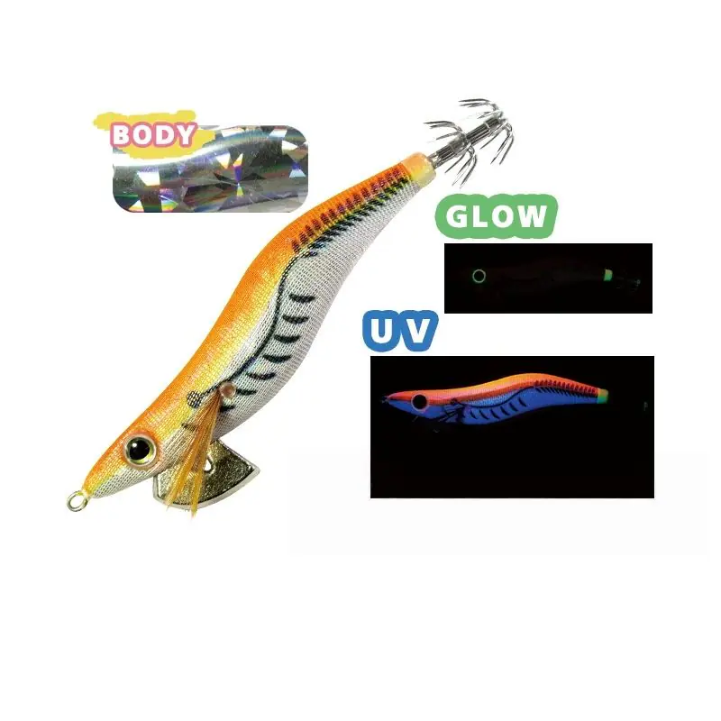 Orange yellow gradient holographic cloth EGI squid jig with metal diving plate, UV and glow dual effect, crown hooks