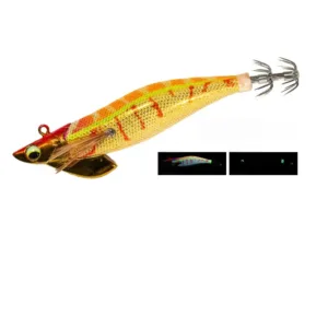 Orange yellow tiger stripe cloth covered EGI squid jig with metal diving plate, 3D eye, feather gill and luminous tail crown hooks