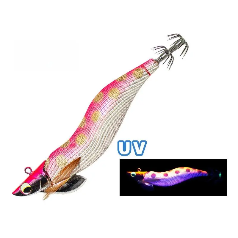 Pink gold spot UV cloth covered paulownia wood EGI squid jig, UV reactive woven body for saltwater squid fishing