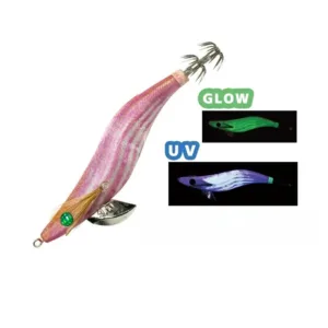 Pink purple cloth EGI squid jig with metal weight, UV reactive and glow in dark effect, squid crown hooks