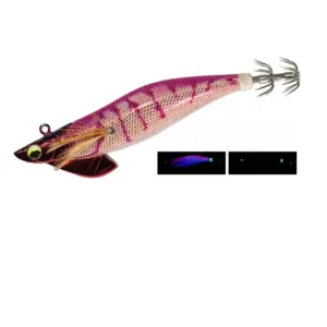 Pink purple tiger stripe cloth covered EGI squid jig with metal diving plate, 3D eye, feather gill and luminous tail crown hooks