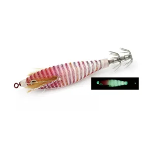 Pink white stripe luminous cloth covered EGI squid jig with 3D eye, feather gill and stainless steel crown hooks