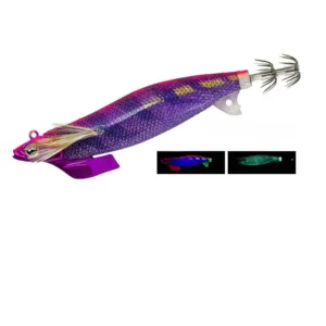 Purple head cloth covered EGI squid jig with diving plate, UV active pattern, glow feature, 3D bionic eye, feather and stainless steel squid hooks