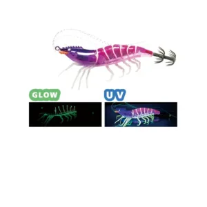 Purple pink shrimp shaped EGI squid jig with glow and UV effect and crown hooks