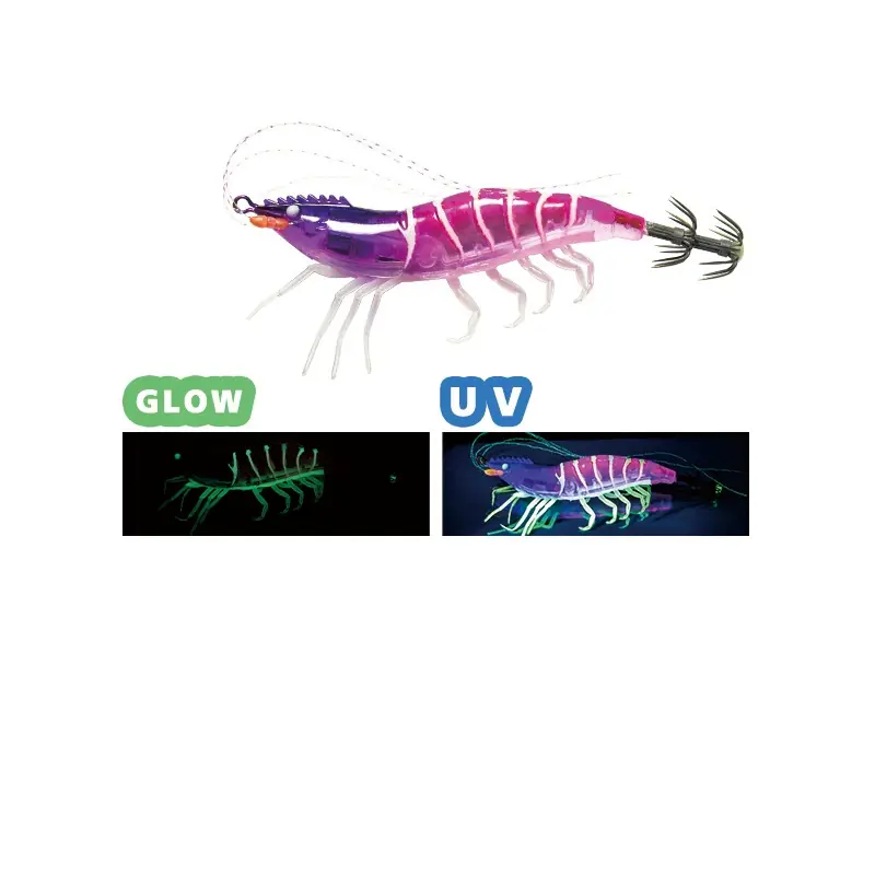 Purple pink shrimp shaped EGI squid jig with glow and UV effect and crown hooks