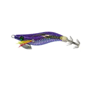 Purple shimmer cloth covered EGI squid jig with metal diving plate and squid crown hooks