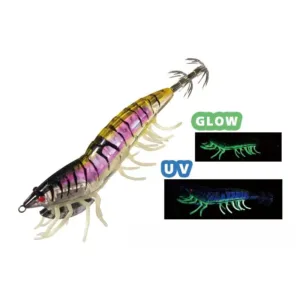 Purple transparent segmented EGI squid jig with silicone shrimp legs, metal diving plate, glow and UV dual effect, crown hooks