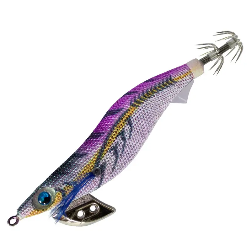 Purple white cloth EGI squid jig with metal sinker, 3D bionic eye and stainless steel squid crown hooks