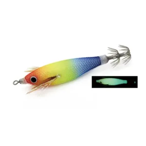 Rainbow gradient luminous cloth covered EGI squid jig with 3D bionic eye, feather gill and stainless steel crown hooks