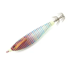 Rainbow stripe cloth covered EGI squid jig with 3D eye, feather gill and stainless steel crown hooks