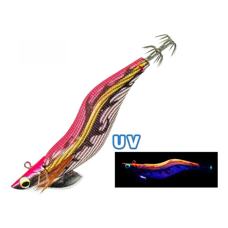 UV cloth covered paulownia wood EGI squid jig with gradient woven body, 3D bionic eye, diving fin and stainless steel crown hooks