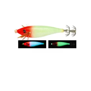 Red head green scale cloth covered EGI squid jig with 3D eye, feather gill and dual luminous effect preview
