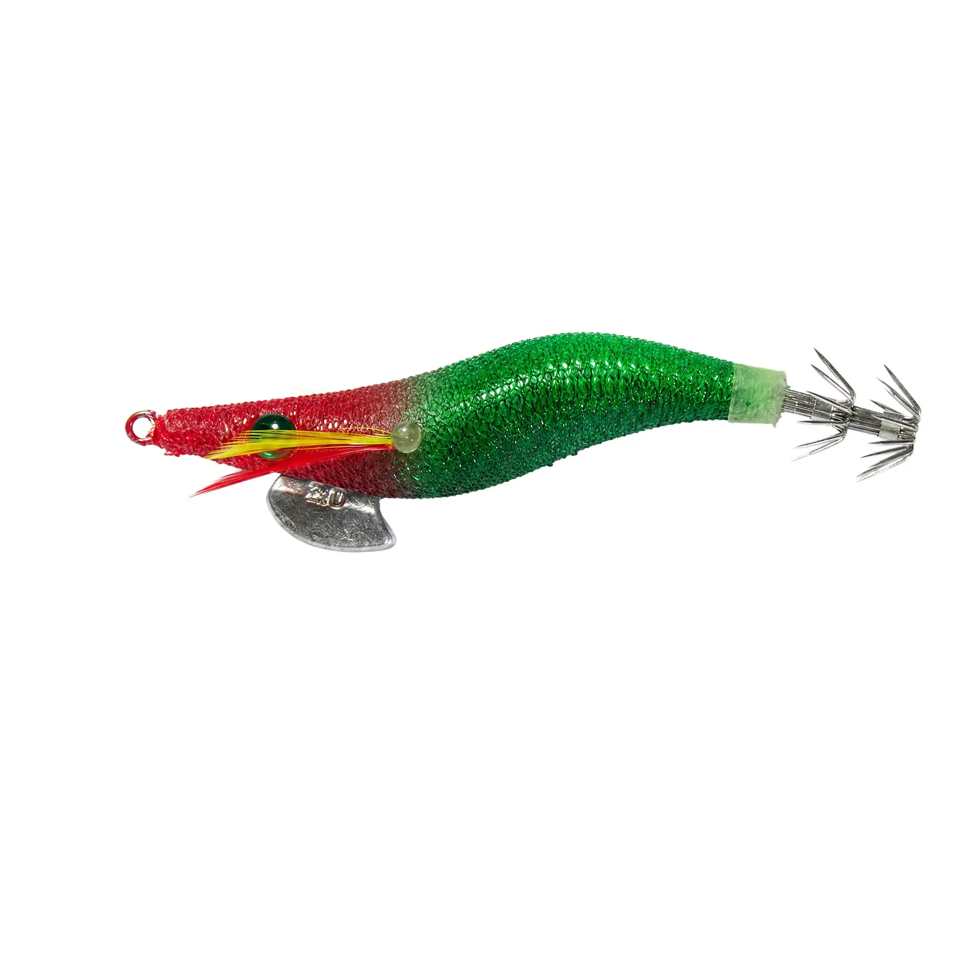 Red green gradient cloth covered EGI squid jig with metal diving plate and crown hooks