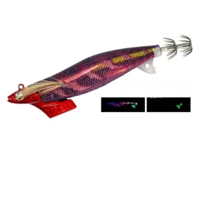 Red head cloth covered EGI squid jig with hard diving plate, UV active print, glow in dark parts, 3D eye, feather and stainless steel crown hooks