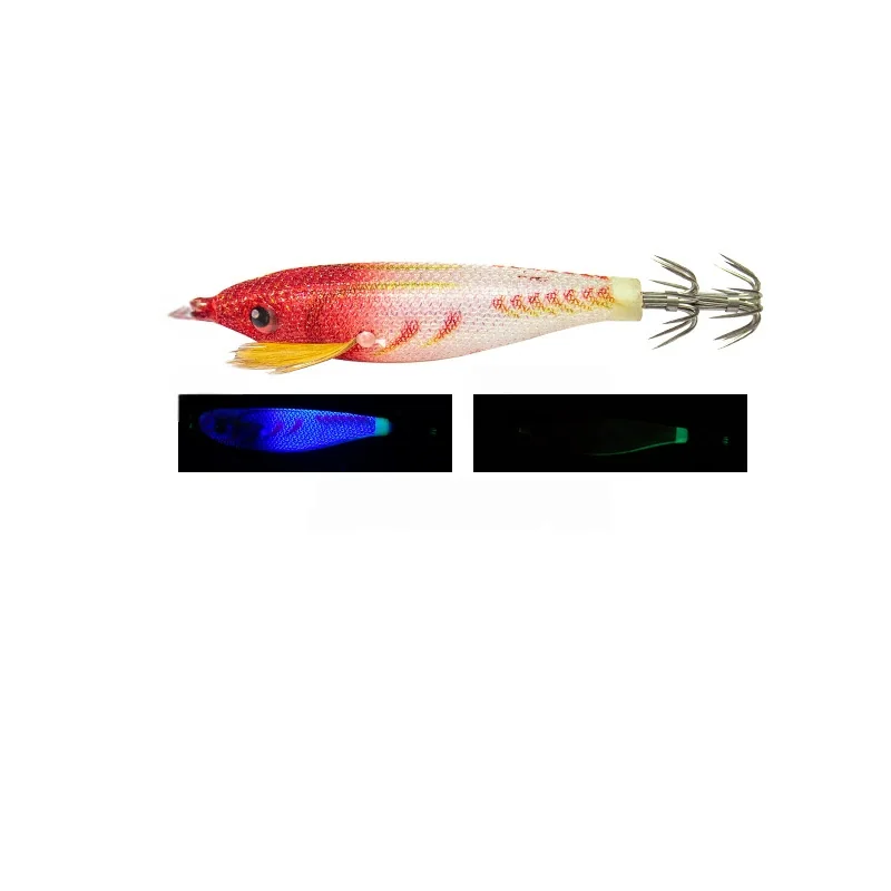 red-head-white-body-mark-pattern-egi-squid-jig.jpg Red head white body mark pattern cloth wrapped egi squid jig with UV and glow luminous effect