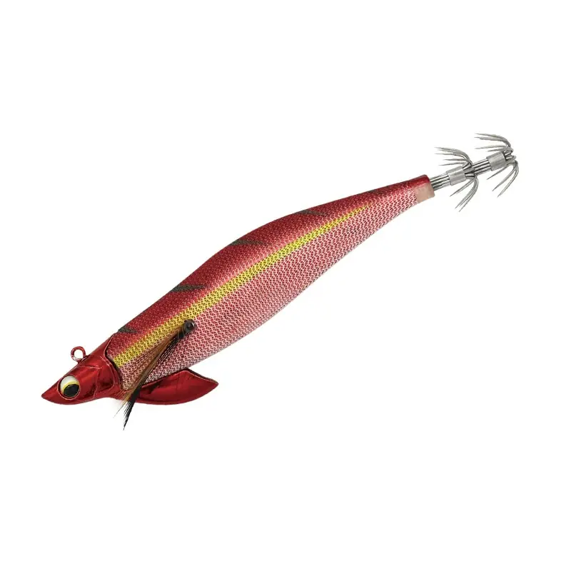 Red metallic cloth covered EGI squid jig with diving fin, 3D bionic eye and stainless steel crown hooks