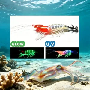 Red transparent shrimp shaped EGI squid jig with glow and UV effect and crown hooks