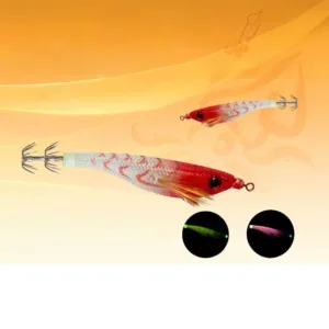 Red white cloth covered EGI squid jig with luminous tail, dual glow color preview for night squid fishing