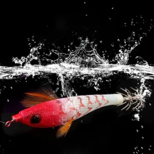 Red white cloth EGI squid jig with 3D eye and feather gill, underwater splash and bubble scene for saltwater squid fishing