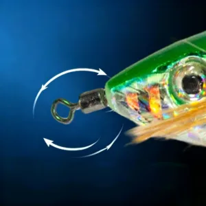 EGI squid jig head closeup with rotating swivel connector and holographic 3D bionic eye