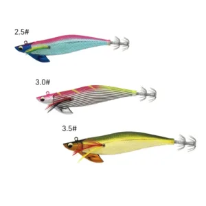 Size comparison of metallic cloth EGI squid jig, available in 2.5#,3.0#,3.5# sizes with diving fin and crown hooks