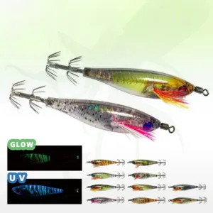 Transparent hard body squid jig with UV active and glow in dark effect, realistic fish print, feather decoration and stainless steel crown hooks