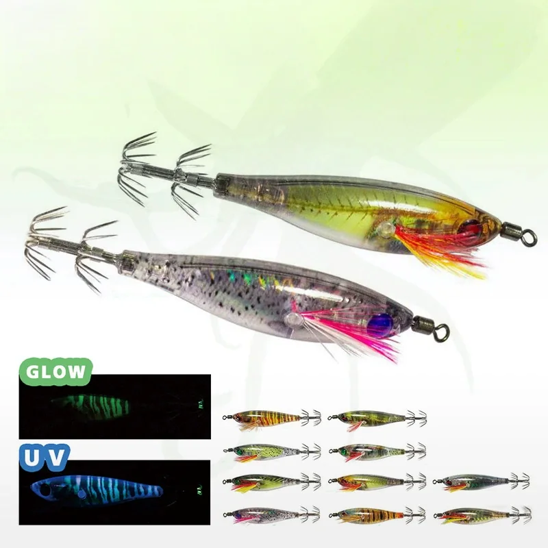 Transparent hard body squid jig with UV active and glow in dark effect, realistic fish print, feather decoration and stainless steel crown hooks