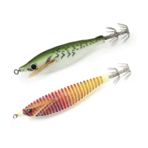 Two cloth covered EGI squid jig lures with printed fish pattern, 3D bionic eyes and stainless steel crown hooks