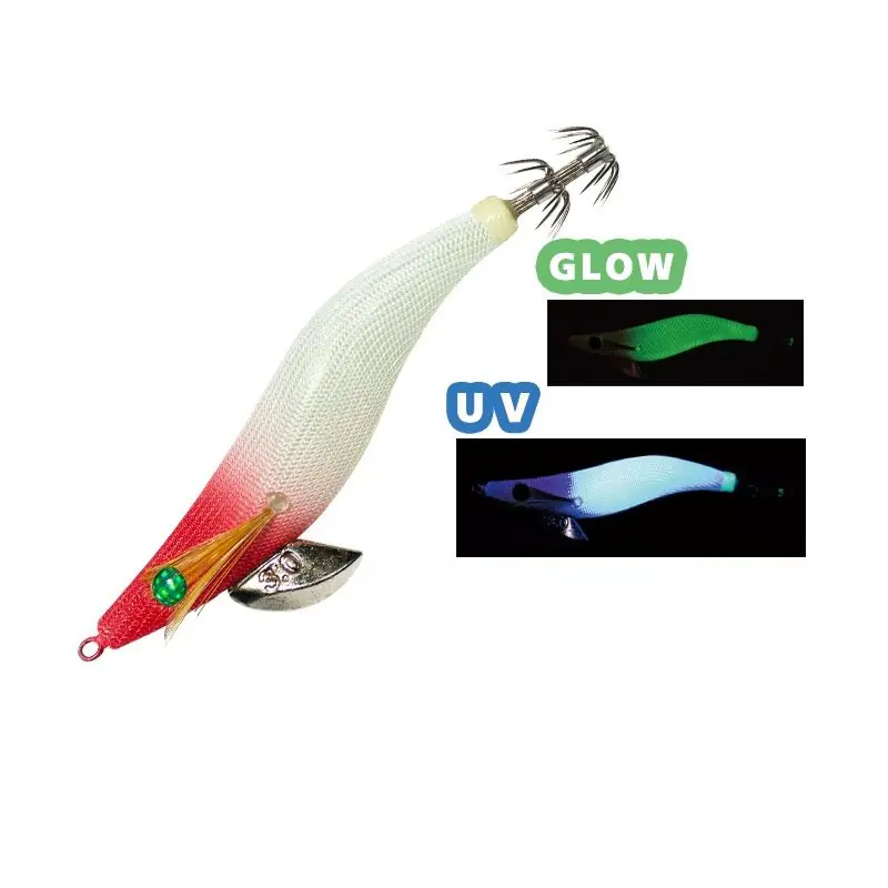 White red gradient cloth EGI squid jig with metal weight, UV and glow dual luminous effect, squid crown hooks