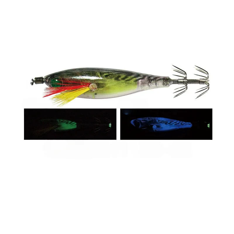 Yellow-green transparent hard body squid jig with UV & glow function, 3D green eye, colorful feather and stainless steel crown hooks