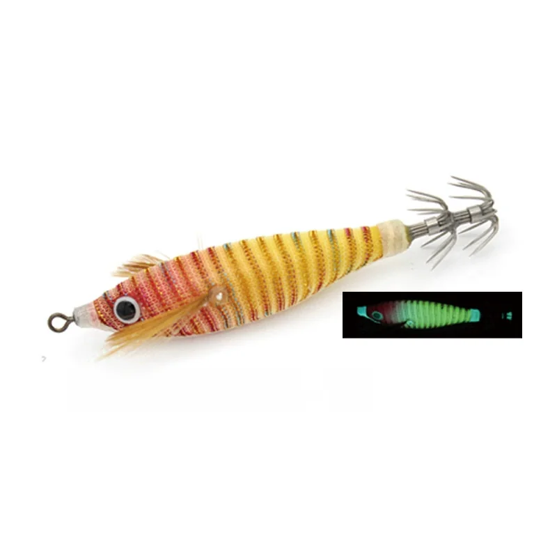 Yellow orange stripe luminous cloth covered EGI squid jig with 3D eye, feather detail and stainless steel crown hooks