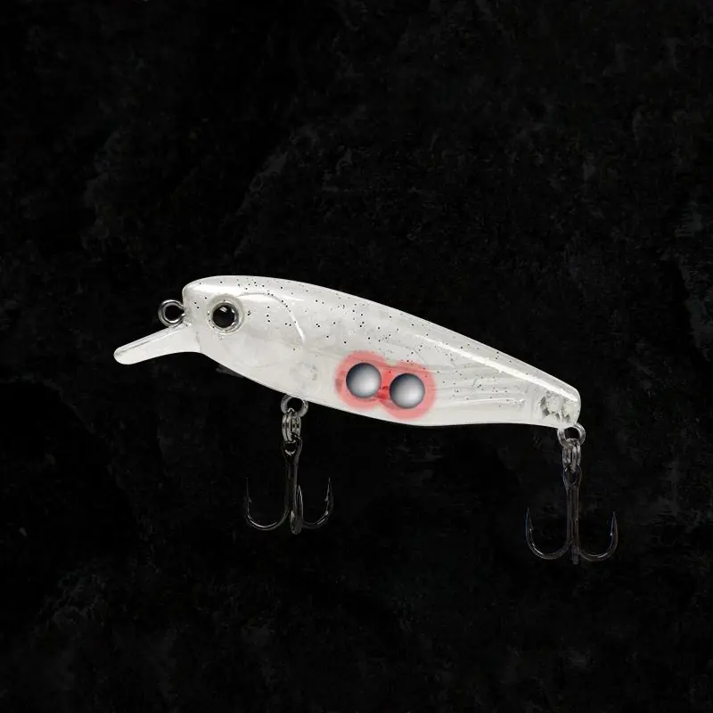 clear-body-slow-sinking-minnow-lure Translucent slow sinking minnow fishing lure with internal fixed weights and black treble hooks