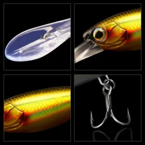 Close-up details of long diving lip 3D eyes scale pattern and high carbon treble hook on minnow lure