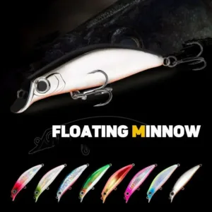 Floating minnow fishing lure close-up with sharp treble hooks and multiple holographic color options below
