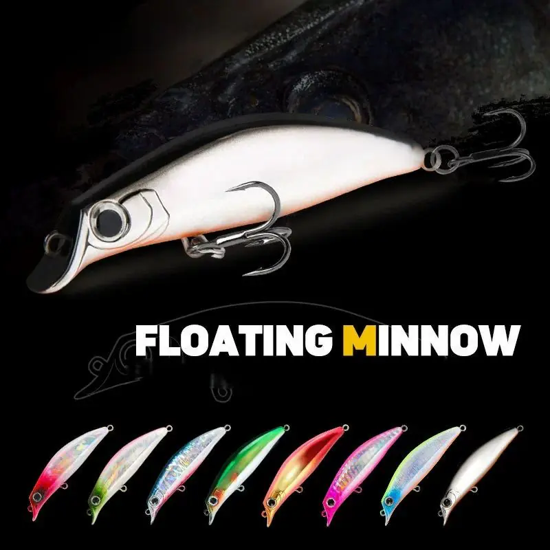 Floating minnow fishing lure close-up with sharp treble hooks and multiple holographic color options below