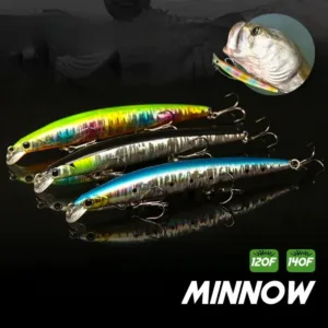 Floating minnow fishing lure 120F and 140F models with three treble hooks for sea bass