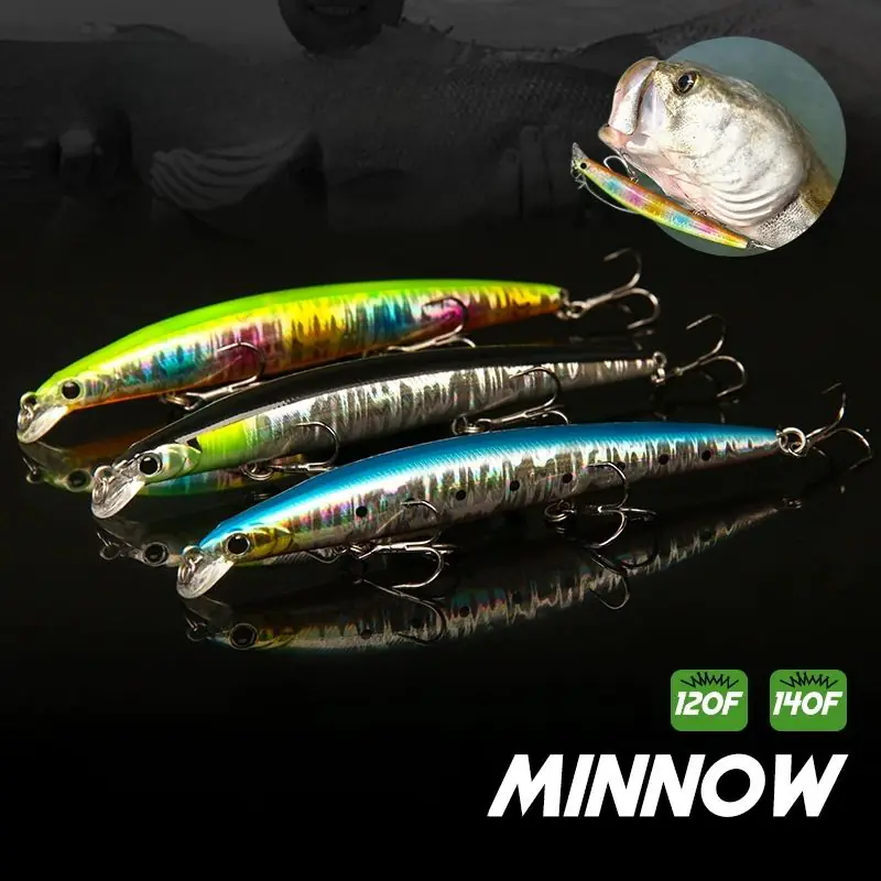Floating minnow fishing lure 120F and 140F models with three treble hooks for sea bass