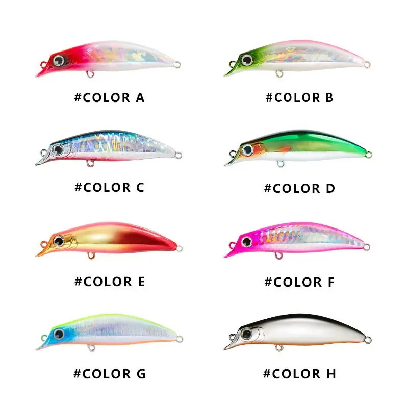 floating-minnow-lure-color-options-chart` Haibo floating minnow lure specification chart showing 75mm length, 7.2g weight, 0-1.2m depth, and 8# treble hooks